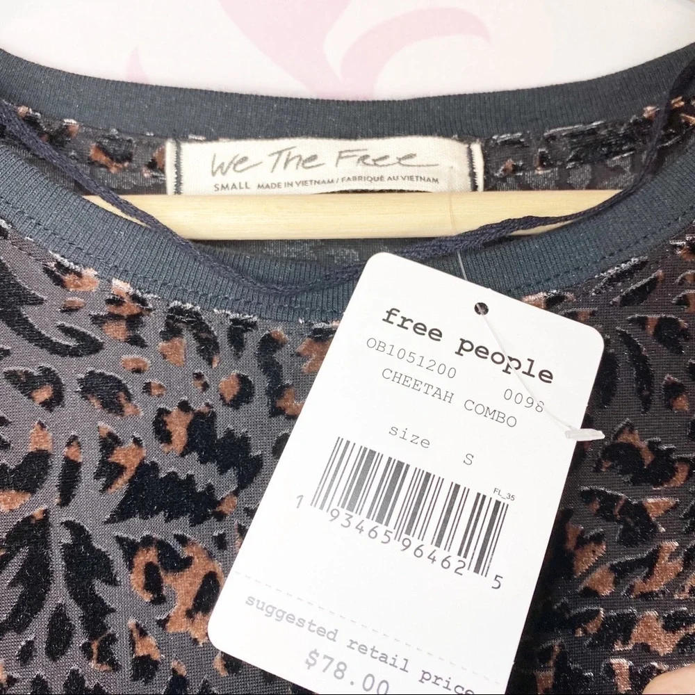 NEW Free People Teddy Cheetah Combo Velvet Short Sleeve Shirt S